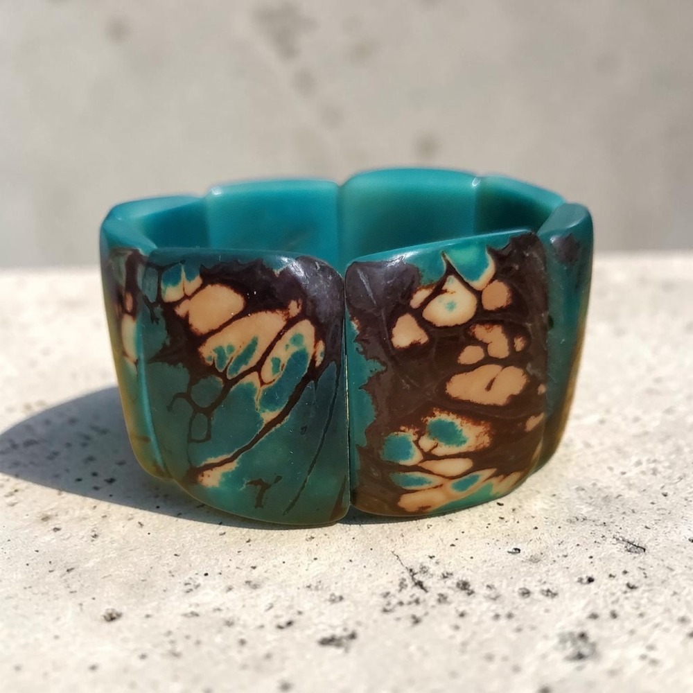 Tagua Nut Stretch Bracelet Greenish-blue Brown Beige Natural Nut Dyed